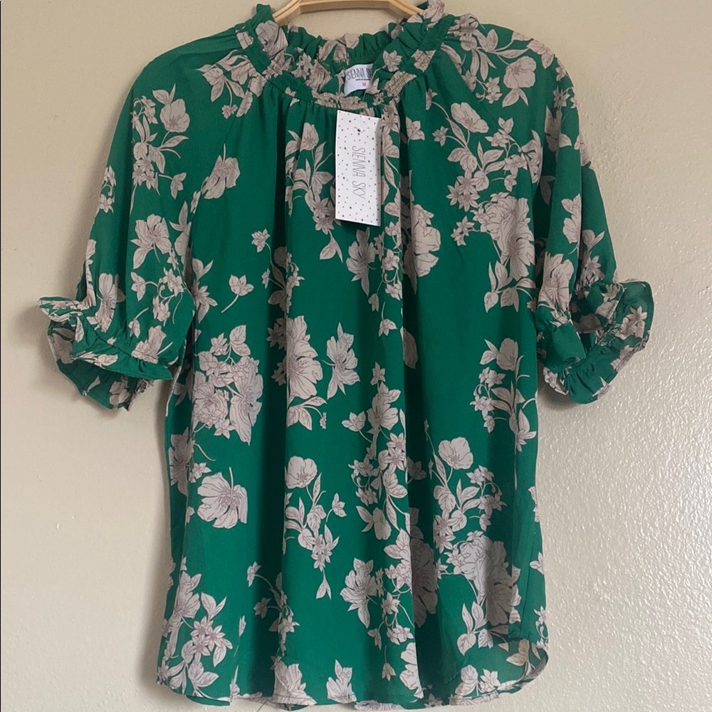 Sienna Sky Green Ruffled 3/4 Sleeve Blouse